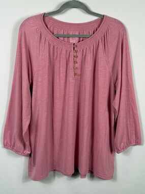 L.L. Bean Women's Rose Pink Long-Sleeve Henley Top. Flowy. Size 1X Plus. Boho